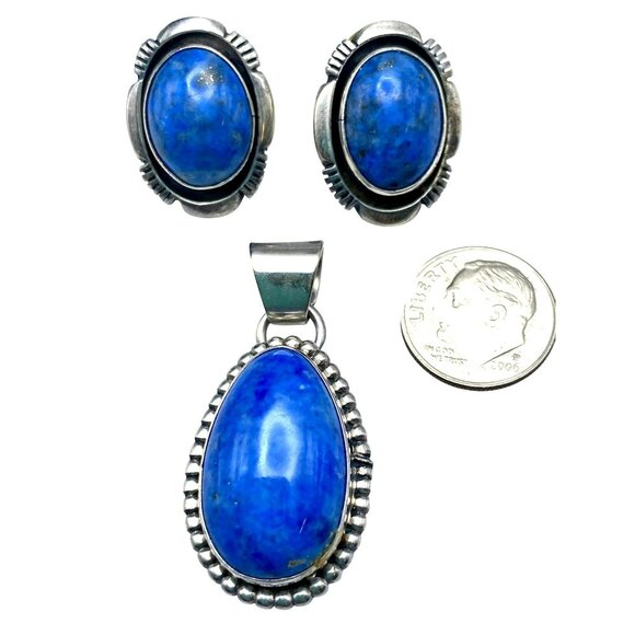 Vintage Navajo Native American Marian Nez Sterling Silver Lapis Pendant Earrings - Picture 5 of 5